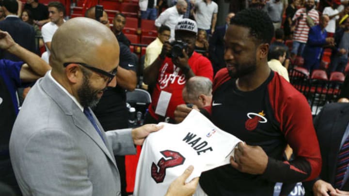 MIAMI, FL – OCTOBER 24: Dwyane Wade #3 of the Miami Heat presents head coach David Fizdale of the New York Knicks with a jersey after the game at American Airlines Arena on October 24, 2018 in Miami, Florida. NOTE TO USER: User expressly acknowledges and agrees that, by downloading and or using this photograph, User is consenting to the terms and conditions of the Getty Images License Agreement. (Photo by Michael Reaves/Getty Images)