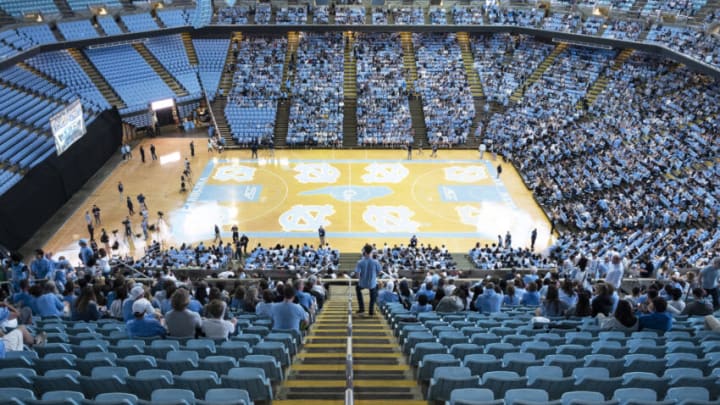 April 4, 2022; Chapel Hill, NC, USA; The Dean E. Smith Center starts to fill up with UNC fans ahead of the National Championship watch party in Chapel Hill, NC. The eight seeded Tarheels are taking on the top-seeded Kansas Jayhawks in the NCAA Tournament Championship Game for a chance to claim their first national title since 2017. Luke Johnson Ð USA Today Sports