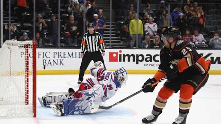 ANAHEIM, CALIFORNIA - DECEMBER 14: Ondrej Kase #25 of the Anaheim Ducks scores in the shoot-out against Henrik Lundqvist #30 of the New York Rangers at the Honda Center on December 14, 2019 in Anaheim, California. The Ducks defeated the Rangers 4-3 in the shoot-out. (Photo by Bruce Bennett/Getty Images)