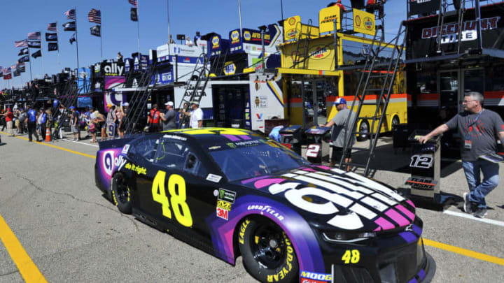 BROOKLYN, MICHIGAN - JUNE 07: Jimmie Johnson, driver of the #48 Ally Chevrolet, drives through the garage during practice for the Monster Energy NASCAR Cup Series FireKeepers Casino 400 at Michigan International Speedway on June 07, 2019 in Brooklyn, Michigan. (Photo by Logan Riely/Getty Images)