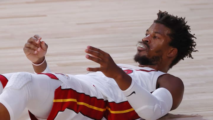 Jimmy Butler #22 of the Miami Heat reacts after drawing a foul from Darius Bazley #7 of the Oklahoma City Thunder(Photo by Kevin C. Cox/Getty Images)