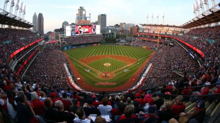 Oct 15, 2016; Cleveland, OH, USA; General view of Progressive Field during the eighth inning of game two of the 2016 ALCS playoff baseball series between the Cleveland Indians and the Toronto Blue Jays. Mandatory Credit: Charles LeClaire-USA TODAY Sports Oct 15, 2016; Cleveland, OH, USA; General view of Progressive Field during the eighth inning of game two of the 2016 ALCS playoff baseball series between the Cleveland Indians and the Toronto Blue Jays. Mandatory Credit: Charles LeClaire-USA TODAY Sports