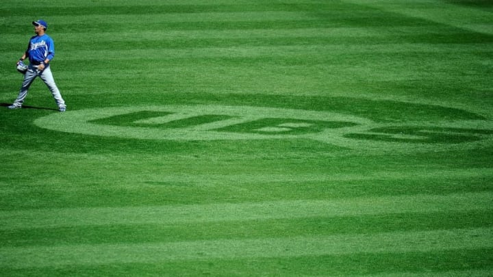 MESA, AZ - MARCH 09: The Cubs logo is seen in the out field before the game between the Chicago Cubs and the Kansas City Royals at HoHoKam Stadium on March 9, 2011 in Mesa, Arizona. (Photo by Kevork Djansezian/Getty Images)