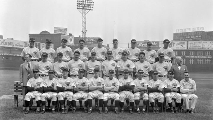 CINCINNATI – OCTOBER 2: Members of the Cincinnati Reds pose for a team portrait prior to game one of the World Series on October 2, 1940 against the Detroit Tigers at Crosley Field in Cincinnati, Ohio. Those pictured include (L to R) (first row) Lew Riggs, Ival Goodman, Gene Thompson, Mo Arnovich, coach Hank Gowdy, manager Bill Mckechnie, coach Jimmie Wilson, Billy Werber, Billy Myers, Elmer Riddle, trainer Dr. Richard Rhode; (second row) Traveling secretary Gabe Paul, Lloyd Moore, Eddie Joost, Ernie Lombardi, Bucky Walters, Frank McCormick, Paul Derringer, Johnny Hutchings, Bill Baker, general manager Warren Giles; (third row) Jim Turner, Jimmy Ripple, Johnny Vander Meer, Mike McCormick, Milt Shofner, Witt Guise, Harry Craft, Lonnie Frey, Joe Beggs. (Photo by Diamond Images/Getty Images)