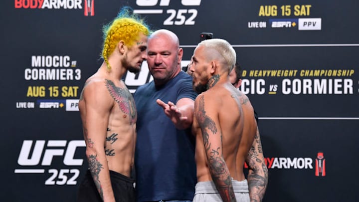 LAS VEGAS, NEVADA - AUGUST 14: In this handout image provided by UFC, (L-R) Opponents Sean O'Malley and Marlon Vera of Ecuador face off during the UFC 252 weigh-in at UFC APEX on August 14, 2020 in Las Vegas, Nevada. (Photo by Jeff Bottari/Zuffa LLC via Getty Images)