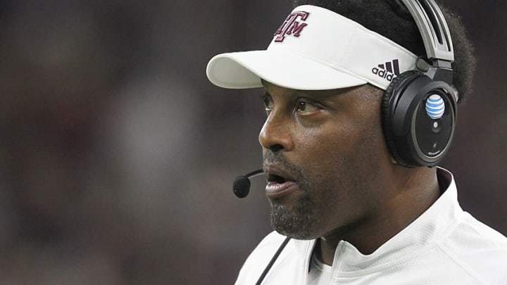 Sep 5, 2015; Houston, TX, USA; Texas A&M Aggies head coach Kevin Sumlin watches play against the Arizona State Sun Devils in the second quarter at NRG Stadium. Mandatory Credit: Thomas B. Shea-USA TODAY Sports