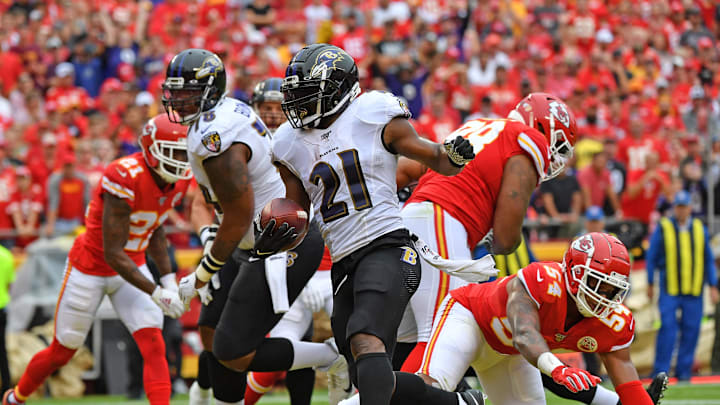 Running back Mark Ingram #21 of the Baltimore Ravens rushes into the end zone for a touchdown (Photo by Peter Aiken/Getty Images)