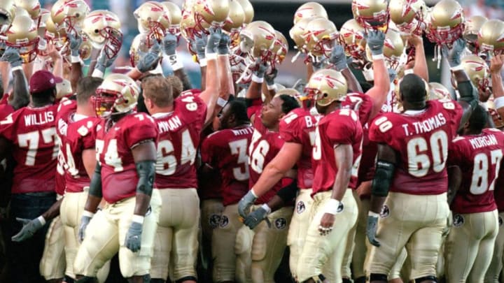 26 Aug 2000: The Florida State Seminoles cheer on the field during the Pigskin Classic Game against the BYU Cougars at the Alltel Stadium in Jacksonville, Florida. The Seminoles defeated the Cougars 23-3.Mandatory Credit: Craig Jones /Allsport