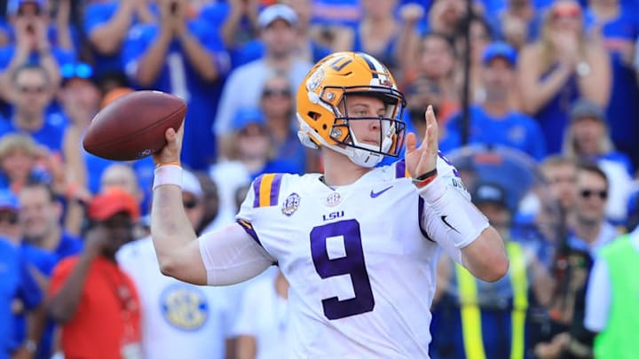 GAINESVILLE, FL - OCTOBER 06: Joe Burrow #9 of the LSU Tigers attempts a pass during the game against the Florida Gators at Ben Hill Griffin Stadium on October 6, 2018 in Gainesville, Florida. (Photo by Sam Greenwood/Getty Images)