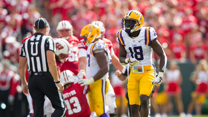 Sep 3, 2016; Green Bay, WI, USA; LSU Tigers cornerback Tre’Davious White (18) celebrates a play during the first quarter against the Wisconsin Badgers at Lambeau Field. Mandatory Credit: Jeff Hanisch-USA TODAY Sports