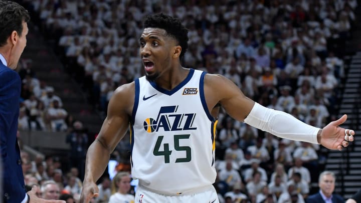 SALT LAKE CITY, UT – APRIL 22: Utah Jazz head coach Quin Synder and Donovan Mitchell #45 of the Utah Jazz interact in the second half of Game Four during the first round of the 2019 NBA Western Conference Playoffs against the Houston Rockets at Vivint Smart Home Arena on April 22, 2019 in Salt Lake City, Utah. NOTE TO USER: User expressly acknowledges and agrees that, by downloading and or using this photograph, User is consenting to the terms and conditions of the Getty Images License Agreement. (Photo by Gene Sweeney Jr./Getty Images)