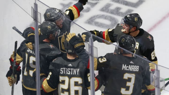 Reilly Smith #19 of the Vegas Golden Knights celebrates a goal against the Chicago Blackhawks with teammates during the third period in Game One of the Western Conference First Round. (Photo by Jeff Vinnick/Getty Images)