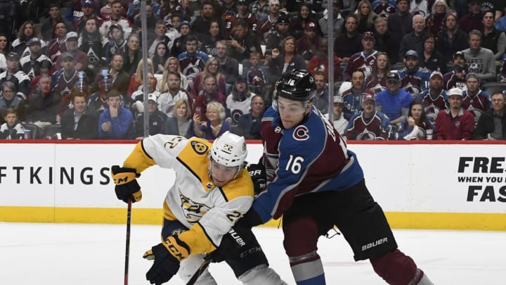 DENVER, CO – APRIL 22: Nashville Predators left wing Kevin Fiala #22 steals the puck away from Colorado Avalanche defenseman Nikita Zadorov #16 in the first period of game 6 of round one of the Stanley Cup Playoffs at the Pepsi Center April 22, 2018. (Photo by Andy Cross/The Denver Post via Getty Images)