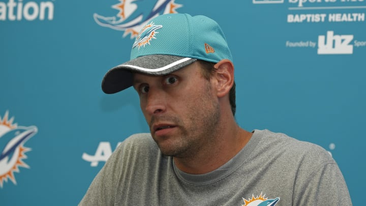 DAVIE, FL – AUGUST 5: Head coach Adam Gase of the Miami Dolphins addresses the media after the teams training camp on August 5, 2016 at the Miami Dolphins training facility in Davie, Florida. (Photo by Joel Auerbach/Getty Images)