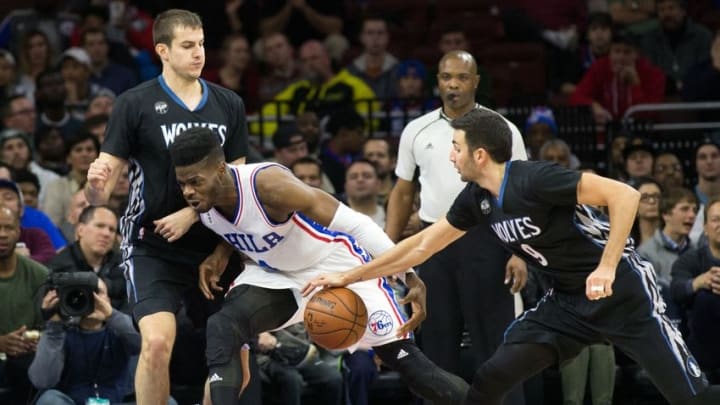 Jan 4, 2016; Philadelphia, PA, USA; Minnesota Timberwolves guard Ricky Rubio (9) knocks the ball away from Philadelphia 76ers forward Nerlens Noel (4) during the second quarter at Wells Fargo Center. Mandatory Credit: Bill Streicher-USA TODAY Sports