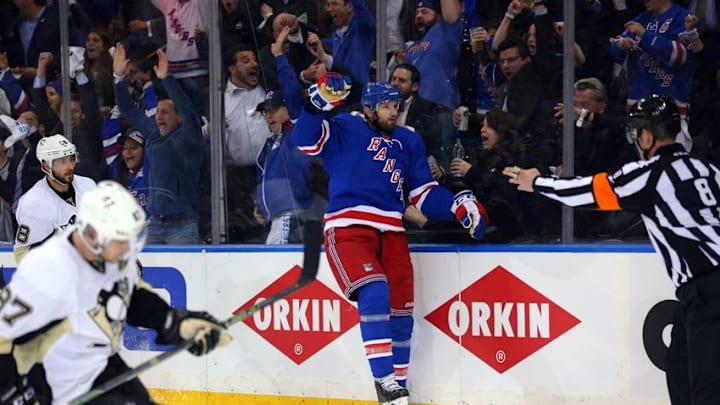 Apr 19, 2016; New York, NY, USA; New York Rangers left wing Rick Nash (61) reacts after scoring a shorthanded goal during the second period of game three of the first round of the 2016 Stanley Cup Playoffs at Madison Square Garden. Mandatory Credit: Brad Penner-USA TODAY Sports