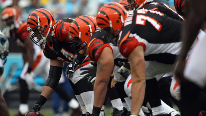 CHARLOTTE, NC – SEPTEMBER 26: The offensive line of the Cincinnati Bengals against the Carolina Panthers during their game at Bank of America Stadium on September 26, 2010 in Charlotte, North Carolina. (Photo by Streeter Lecka/Getty Images)