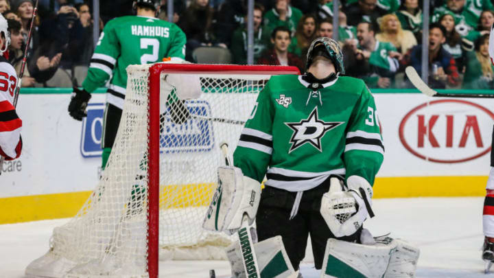 DALLAS, TX - JANUARY 04: Dallas Stars goaltender Ben Bishop (30) reacts as the puck falls behind him for a New Jersey Devils goal during the game between the Dallas Stars and the New Jersey Devils on January 04, 2018 at the American Airlines Center in Dallas, Texas. Dallas defeats New Jersey 4-3. (Photo by Matthew Pearce/Icon Sportswire via Getty Images)