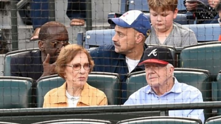 Sep 17, 2015; Atlanta, GA, USA; Former USA president Jimmy Carter and his wife Rosalynn Carter watch the game between the Atlanta Braves and the Toronto Blue Jays during the first inning at Turner Field. Mandatory Credit: Dale Zanine-USA TODAY Sports