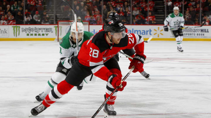 NEWARK, NEW JERSEY - FEBRUARY 01: Damon Severson #28 of the New Jersey Devils in action against the Dallas Stars at Prudential Center on February 01, 2020 in Newark, New Jersey. The Stars defeated the Devils 3-2 in overtime. (Photo by Jim McIsaac/Getty Images)