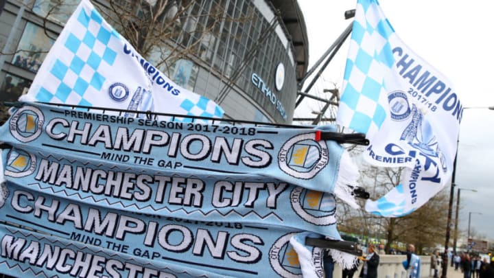 MANCHESTER, ENGLAND - APRIL 22: Manchester City champions scarves during the Premier League match between Manchester City and Swansea City at Etihad Stadium on April 22, 2018 in Manchester, England. (Photo by Clive Brunskill/Getty Images)