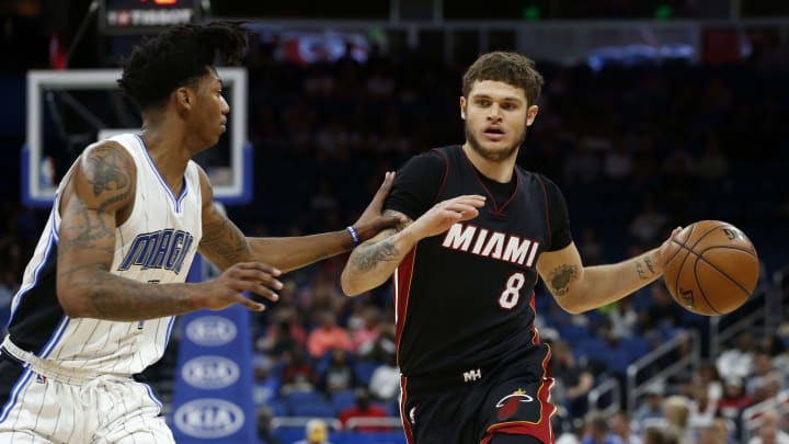 Mar 3, 2017; Orlando, FL, USA; Miami Heat guard Tyler Johnson (8) drives to the basket as Orlando Magic guard Elfrid Payton (4) defends during the first quarter at Amway Center. Mandatory Credit: Kim Klement-USA TODAY Sports