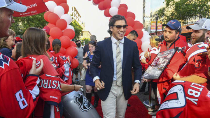 WASHINGTON, DC - OCTOBER 3: T.J. Oshie #77 of the Washington Capitals walks the red carpet prior to action against the Boston Bruins at Capital One Arena. (Photo by Jonathan Newton / The Washington Post via Getty Images)