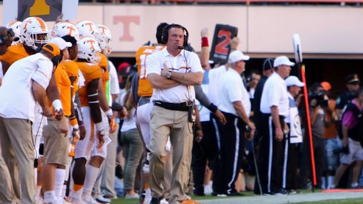 Oct 15, 2016; Knoxville, TN, USA; Tennessee Volunteers head coach Butch Jones looks on during the first half against the Alabama Crimson Tide at Neyland Stadium. Mandatory Credit: Randy Sartin-USA TODAY Sports