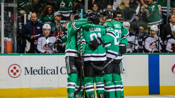 DALLAS, TX – JANUARY 02: Dallas Stars defenseman John Klingberg (3) celebrates a goal with his teammates during the game between the Dallas Stars and the Columbus Blue Jackets on January 02, 2017 at the American Airlines Center in Dallas, Texas. Columbus defeats Dallas 2-1. (Photo by Matthew Pearce/Icon Sportswire via Getty Images)