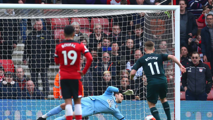 SOUTHAMPTON, ENGLAND – MARCH 07: Alex McCarthy of Southampton saves a penalty shot from Matt Ritchie of Newcastle United during the Premier League match between Southampton FC and Newcastle United at St Mary’s Stadium on March 07, 2020 in Southampton, United Kingdom. (Photo by Jordan Mansfield/Getty Images)