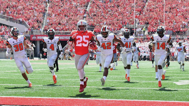 COLUMBUS, OH - SEPTEMBER 1: Mike Weber #25 of the Ohio State Buckeyes scores a touchdown on a 49-yard run in the second quarter against the Oregon State Beavers at Ohio Stadium on September 1, 2018 in Columbus, Ohio. (Photo by Jamie Sabau/Getty Images)