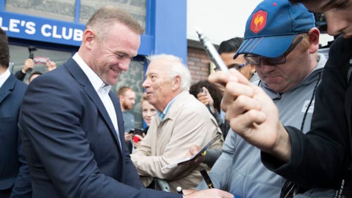 LIVERPOOL, ENGLAND - JULY 10: Wayne Rooney meets fans outside Goodison Park on July 10, 2017 in Liverpool, England. (Photo by Mark Robinson/Getty Images)