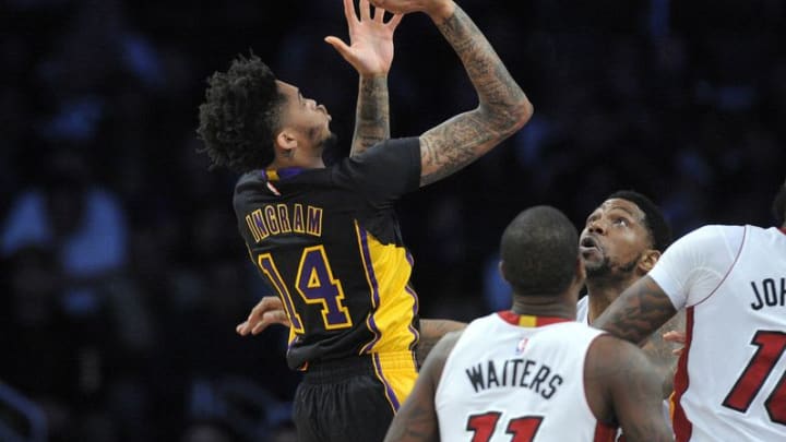January 6, 2017; Los Angeles, CA, USA; Los Angeles Lakers forward Brandon Ingram (14) shoots against the Miami Heat defense during the first half at Staples Center. Mandatory Credit: Gary A. Vasquez-USA TODAY Sports