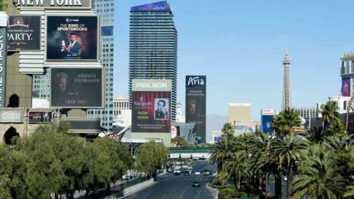 LAS VEGAS, NEVADA - JANUARY 14: The marquees at New York-New York Hotel & Casino and the Aria Resort & Casino on the Las Vegas Strip display a tribute to Siegfried Fischbacher after news of his death on January 14, 2021 in Las Vegas, Nevada. Siegfried Fischbacher died at age 81 in Las Vegas on January 13, 2021 after a battle with pancreatic cancer. Siegfried Fischbacher, headlined the Siegfried & Roy show at MGM's The Mirage Hotel & Casino from 1990 to 2003. (Photo by Denise Truscello/Getty Images)