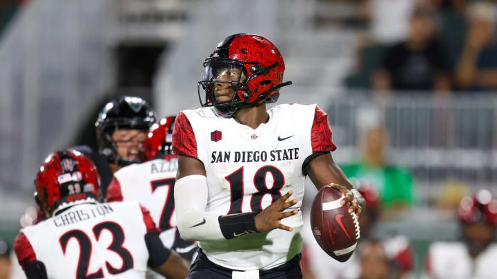 HONOLULU, HAWAII – OCTOBER 14: Jalen Mayden #18 of the San Diego State Aztecs looks to throw a pass downfield during the second half of the game against the Hawaii Rainbow Warriors at Clarence T.C. Ching Athletics Complex on October 14, 2023 in Honolulu, Hawaii. (Photo by Darryl Oumi/Getty Images)