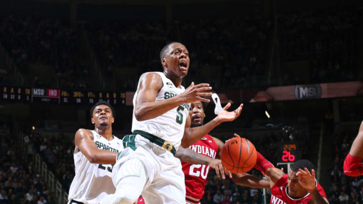 EAST LANSING, MI - FEBRUARY 02: Devonte Green #11 of the Indiana Hoosiers takes the ball away from Cassius Winston #5 of the Michigan State Spartans in the first half at Breslin Center on February 2, 2019 in East Lansing, Michigan. (Photo by Rey Del Rio/Getty Images)