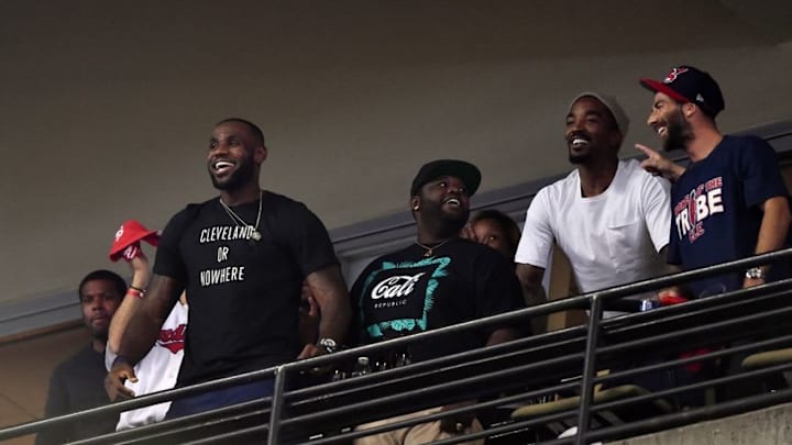 Nov 2, 2016; Cleveland, OH, USA; Cleveland Cavaliers players including Lebron James in attendance in game seven of the 2016 World Series between the Chicago Cubs and the Cleveland Indians at Progressive Field. Mandatory Credit: Ken Blaze-USA TODAY Sports