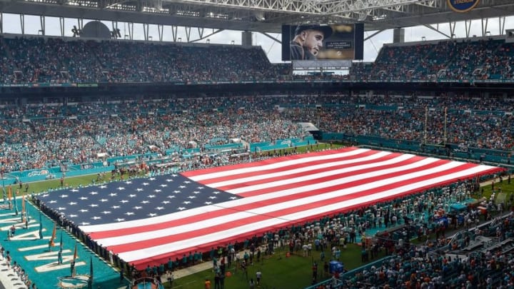 Sep 25, 2016; Miami Gardens, FL, USA; A moment of silence for Miami Marlins starting pitcher Jose Fernandez who passed away from a boating accident this morning, prior to a game between the Cleveland Browns and the Miami Dolphins at Hard Rock Stadium. Mandatory Credit: Steve Mitchell-USA TODAY Sports