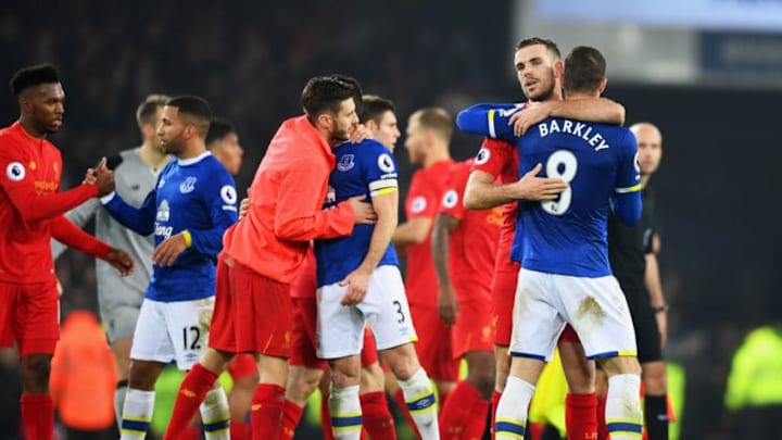 LIVERPOOL, ENGLAND - DECEMBER 19: Ross Barkley of Everton (8) and Jordan Henderson of Liverpool embrace after the Premier League match between Everton and Liverpool at Goodison Park on December 19, 2016 in Liverpool, England. (Photo by Michael Regan/Getty Images) LIVERPOOL, ENGLAND - DECEMBER 19: Ross Barkley of Everton (8) and Jordan Henderson of Liverpool embrace after the Premier League match between Everton and Liverpool at Goodison Park on December 19, 2016 in Liverpool, England. (Photo by Michael Regan/Getty Images)
