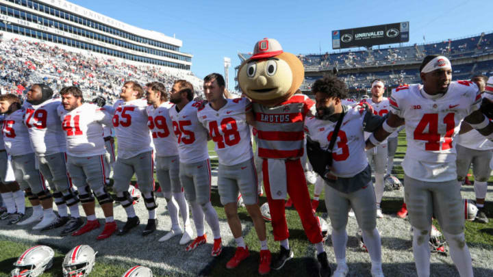 Oct 29, 2022; University Park, Pennsylvania, USA; Ohio State Buckeye players sing their alma mater following the completion of the game against the Penn State Nittany Lions at Beaver Stadium. Ohio State defeated Penn State 44-31. Mandatory Credit: Matthew OHaren-USA TODAY Sports