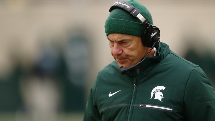 EAST LANSING, MI – NOVEMBER 10: Head coach Mark Dantonio of the Michigan State Spartans looks on while playing the Ohio State Buckeyesat Spartan Stadium on November 10, 2018 in East Lansing, Michigan. (Photo by Gregory Shamus/Getty Images)