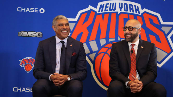 NEW YORK, NY - MAY 8: Steve Mills and David Fizdale of the New York Knicks during a press conference announcing David Fizdale as the new head coach on May 8, 2018 at Madison Square Garden in New York City, New York. NOTE TO USER: User expressly acknowledges and agrees that, by downloading and or using this photograph, User is consenting to the terms and conditions of the Getty Images License Agreement. Mandatory Copyright Notice: Copyright 2018 NBAE (Photo by Nathaniel S. Butler/NBAE via Getty Images)
