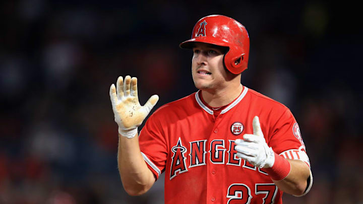 ANAHEIM, CA - AUGUST 30: Mike Trout #27 of the Los Angeles Angels reacts after hitting a triple during the fifth inning of a game against the Oakland Athletics at Angel Stadium of Anaheim on August 30, 2017 in Anaheim, California. (Photo by Sean M. Haffey/Getty Images)