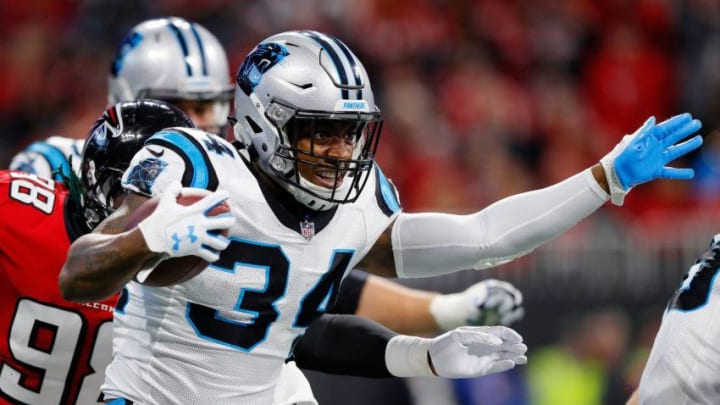 ATLANTA, GA - DECEMBER 31: Cameron Artis-Payne #34 of the Carolina Panthers runs the ball during the first half against the Atlanta Falcons at Mercedes-Benz Stadium on December 31, 2017 in Atlanta, Georgia. (Photo by Kevin C. Cox/Getty Images)