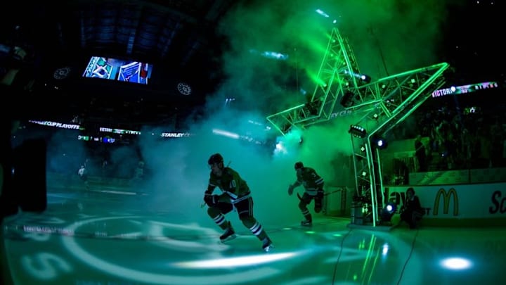 May 1, 2016; Dallas, TX, USA; Dallas Stars left wing Patrick Sharp (10) and defenseman John Klingberg (3) take the ice to face the St. Louis Blues during game two of the first round of the 2016 Stanley Cup Playoffs at the American Airlines Center. The Blues win 4-3 in overtime. Mandatory Credit: Jerome Miron-USA TODAY Sports
