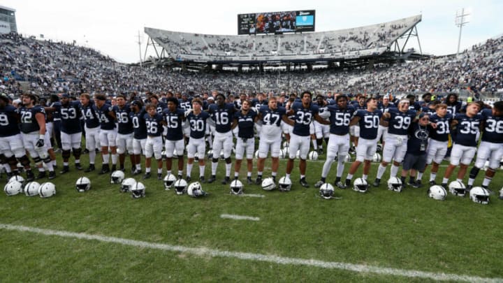 Penn State Nittany Lions players sing their alma mater following the completion of the game against the Villanova Wildcats at Beaver Stadium. Penn State defeated Villanova 38-17. Mandatory Credit: Matthew OHaren-USA TODAY Sports