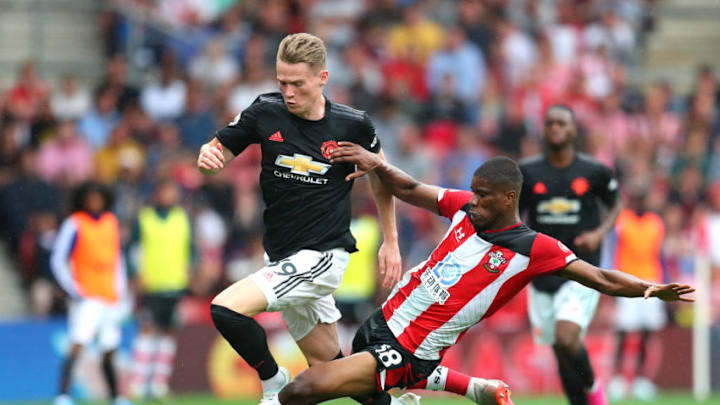 SOUTHAMPTON, ENGLAND – AUGUST 31: Kevin Danso of Southampton fouls Scott McTominay of Manchester United leading to a second yellow, and therefore a red card for Kevin Danso during the Premier League match between Southampton FC and Manchester United at St Mary’s Stadium on August 31, 2019 in Southampton, United Kingdom. (Photo by Catherine Ivill/Getty Images)