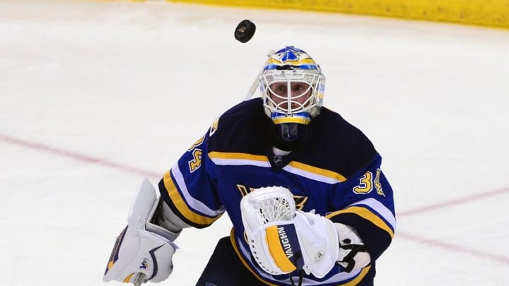 Nov 15, 2016; St. Louis, MO, USA; St. Louis Blues goalie Jake Allen (34) defends the net against the Buffalo Sabres during the third period at Scottrade Center. The Blues won 4-1. Mandatory Credit: Jeff Curry-USA TODAY Sports