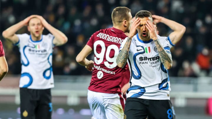 TURIN, ITALY - 2022/03/13: Matias Vecino of FC Internazionale expresses disappointment during the Serie A 2021/22 football match between Torino FC and FC Internazionale at Olimpico Grande Torino Stadium, Turin.(Final score; Torino FC 1 - 1 FC Internazionale). (Photo by Fabrizio Carabelli/SOPA Images/LightRocket via Getty Images)