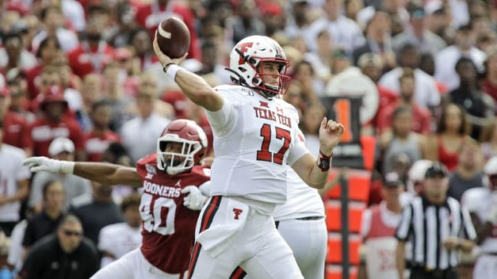 NORMAN, OK - SEPTEMBER 28: Quarterback Jackson Tyner #17 of the Texas Tech Red Raiders throws against the Oklahoma Sooners at Gaylord Family Oklahoma Memorial Stadium on September 28, 2019 in Norman, Oklahoma. The Sooners defeated the Red Raiders 55-16. (Photo by Brett Deering/Getty Images)